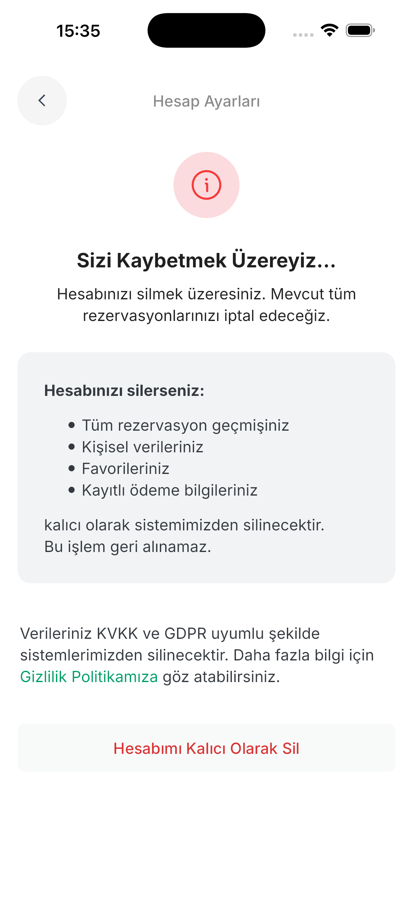 Hesap ayarları ekranı