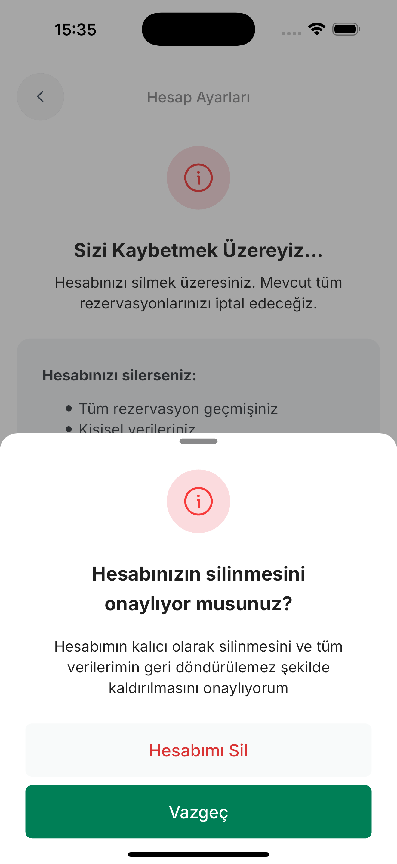 Hesap ayarları ekranı